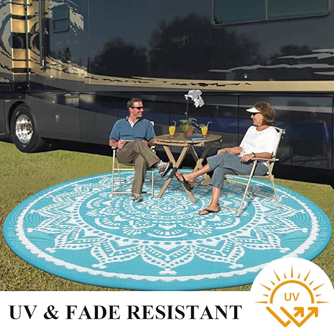 Bsmathom Waterproof Outdoor Rug 6ft Round Reversible Boho Plastic Straw Patio Deck Camping Rugs, Indoor Outdoor Portable RV Mat Carpet for Outside, Porch, Balcony, Backyard, Beach, Pool,Flower Teal