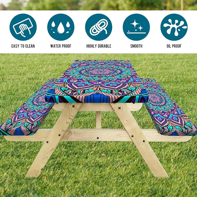 Picnic Table Cover with Bench Cover, Boho Table Covers with Elastic Waterproof Camping Tablecloth with Drawstring Bag, Outdoor Travel Rv Patio Camping Essentials, 96In 3PCS