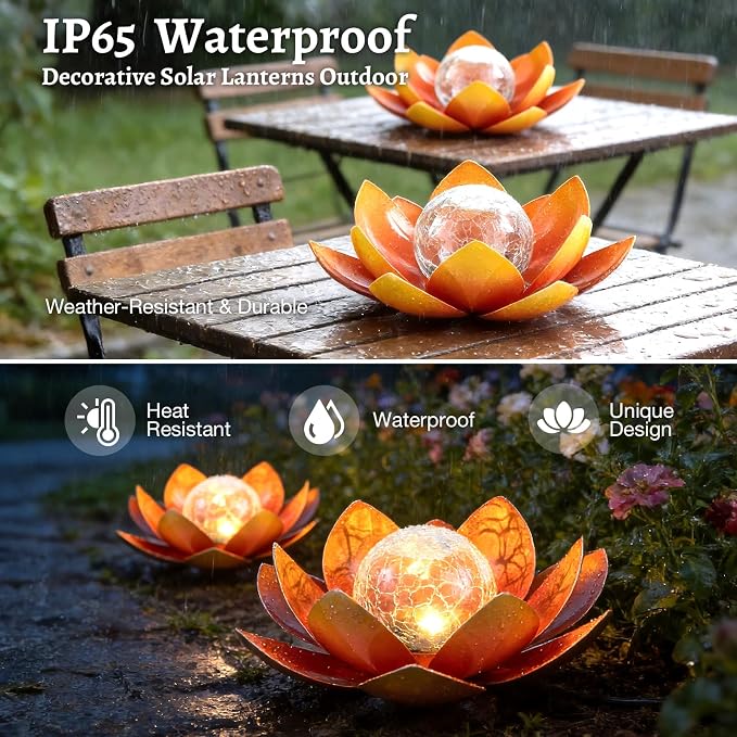 Huaxu Solar Lights Outdoor Garden Decoration Crackle Globe Glass Waterproof LED Metal Orange Lotus Flowers Gift for Mom,Women,Patio,Lawn,Walkway,Tabletop,Ground