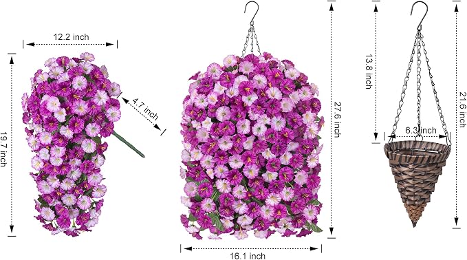 Artificial Fake Hanging Flowers Basket for Outdoor Indoor Decoration,UV Resistant Faux Silk Light Fuchsia and Fuchsia Morning Glory Flowers Plants Realistic Hanging Planter for Outside Home Porch Yard