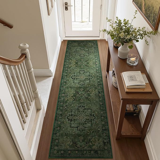 Tranditional Medallion 2x8 Dark Green Runners for Hallways Entryway, Low Pile Washable Non Slip Distressed Printed Carpet Runner Rug 8ft for Kitchen/Bedroom Bedside/Laundry Room/Bathroom