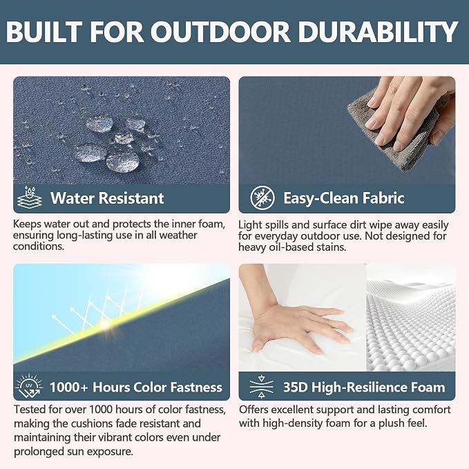 Goodgoods 20 x 42 Outdoor Patio Chair Cushion 2-Pack, 1000+Hours Fade-Resistant & Water-Resistant Furniture Chair Cushions with 35D High-Resilience Foam for Dining Chairs, Couch, Sofa, Light Blue