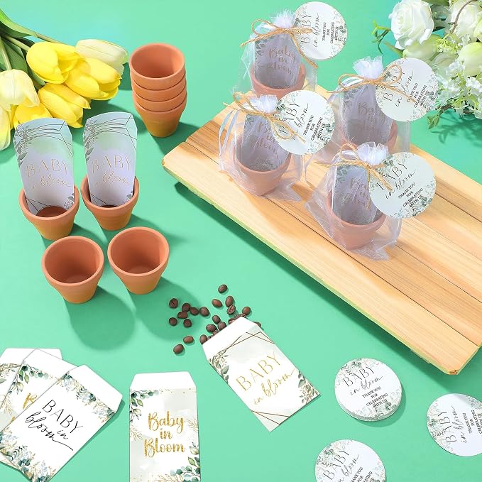 Reallnaive Baby Shower Party Favors Baby in Bloom Envelopes Seed Packets Include 24 Mini Terracotta Pots Seed Packets 24 Self Adhesive Envelopes Thank You Tags Gifts for Party(Greenery)