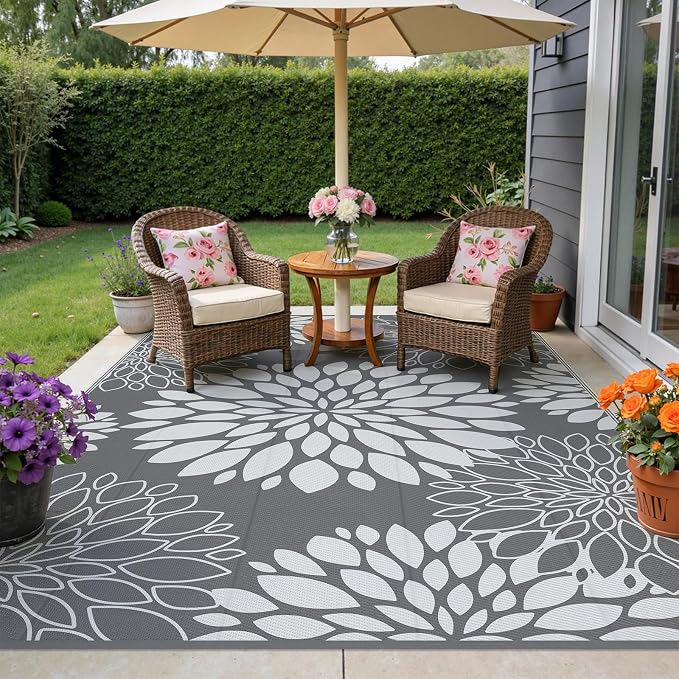 Ileading Waterproof Outdoor Rug 6x9, Reversible Plastic Straw Patio Rug, Portable Indoor Outdoor RV Camping Mat Carpet for Deck, Porch, Balcony, Backyard, Picnic, Floral Grey