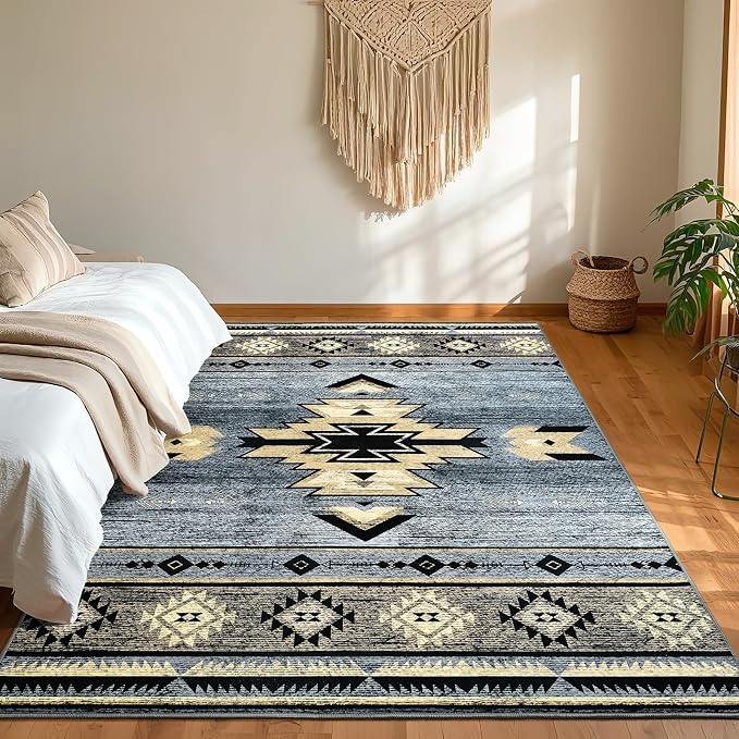 BENRON Western Rugs for Living Room Bedroom 4x6, Non Slip Washable, Grey | Southwest aztec Area Rugs for Dining Table Kitchen Home Decor, Geometric
