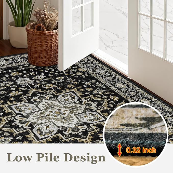 3x5 Area Rugs Living Room: Washable Rug for Bedroom Black Gold | Boho No Slip Stain Resistant Rug Soft Indoor Decor Floor Floral 3x5 Area Rugs for Dining Room, Nursery, Hallway, Home Office