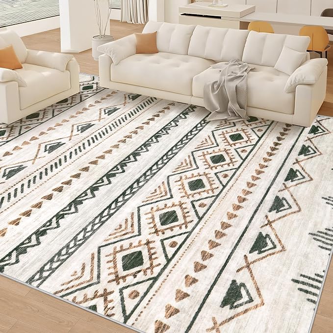 Area Rug Living Room Rugs 8x10 - Large Soft Boho Geometric Rug, Non-Slip Foldable Washable Rugs Non Shedding Morden Indoor Floor Carpet for Living Room Bedroom Office Dining Room(Brown Green,8'x10')
