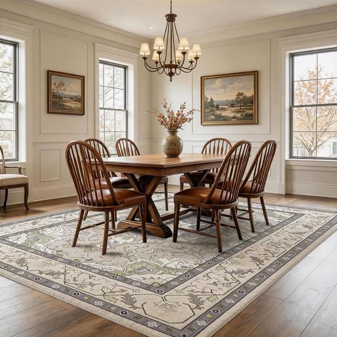 Vintage Farmhouse 8x10 Washable Rug | Non-Slip, Stain Resistant, Low-Pile Carpet for Living Room, Dining Room, Bedroom, Office, Grey Green