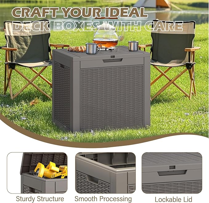 Outdoor Storage Box, 32 Gallon Deck Box with Lockable Lid, Waterproof Resin Storage Bin for Patio Furniture, Garden Tools, Cushions, Grey