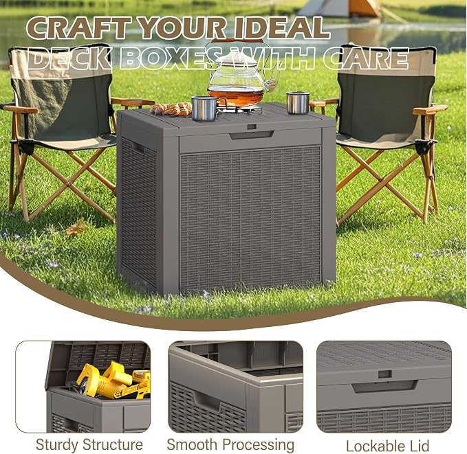 Outdoor Storage Box, 35 Gallon Deck Box with Lockable Lid, Waterproof Resin Storage Bin for Patio Furniture, Garden Tools, Cushions, Grey