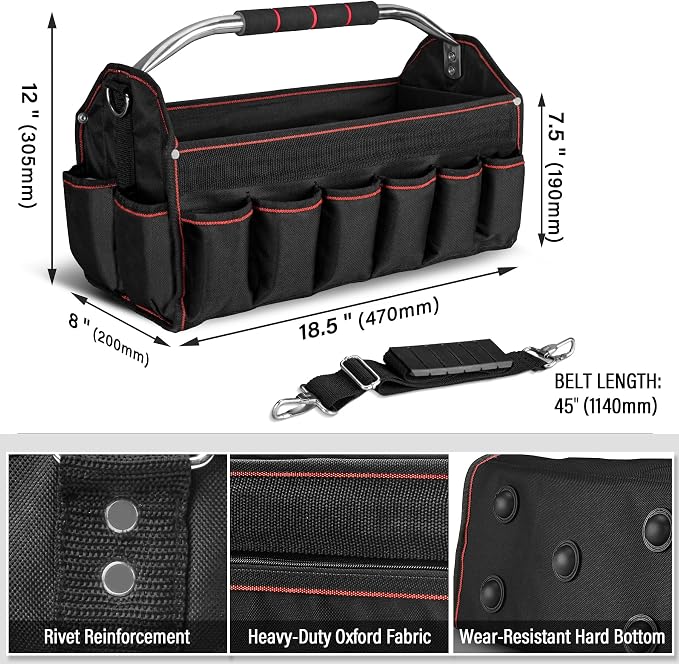 HAUTMEC 18" Foldable Tool Tote, Open Top Tool Bag with Removable Divider & Stiff Frame, 23-Pockets Electrician Tool Bag with Padded Steel Handle, Shoulder Strap & Water-Resistant Hard Base – HT0020