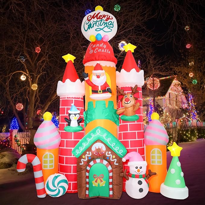 MUMTOP 10FT Christmas Inflatables Outdoor Decoration, Candy Castle Christmas Inflatable with Santa,Snowman,Elk,Penguin and Built-in Led Lights Blow Up Inflatable for Outdoor Party Garden Decoration