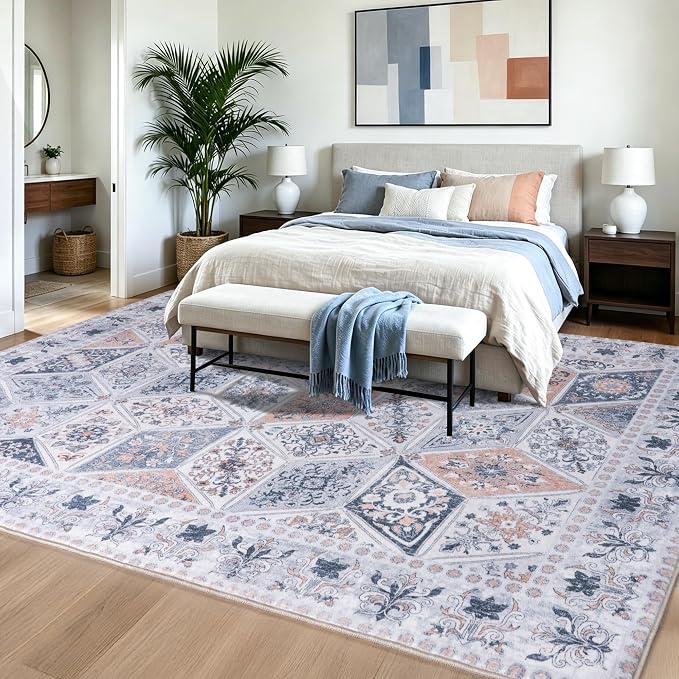 Moroccan Boho Floral Geometric Patchwork Washable 4x6 Large Area Rug | Vintage Distressed Non Slip Throw Carpet for Bedroom Livingroom Kitchen Hallway Entryway Office Dining Room Docer Light Grey