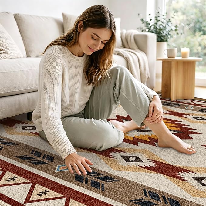 3x5 Western Aztec Area Rug for Bedroom Entryway Hallway Southwestern Boho Rug Machine Washable Non-Slip Carpet for Bathroom Kitchen Bedside Dining Room