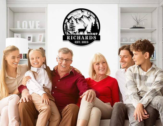 Personalized Mountain Family Name Sign, Custom Metal Wall Decor with Deer Wildlife Design & Established Year, Last Name Monogram Sign for Home, Rustic Farmhouse Cabin Outdoor Garden Decor, Porch Yard Patio Wall Art, Wedding Housewarming Gift
