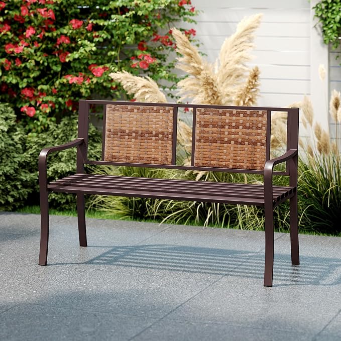 Giantex Outdoor Bench with PE Rattan Backrest, Curved Armrests, Slatted Seat for 2-3 Persons, Heavy-Duty Outdoor Seating Furniture, Garden Bench for Patio, Backyard, Poolside, Porch, Park, Brown