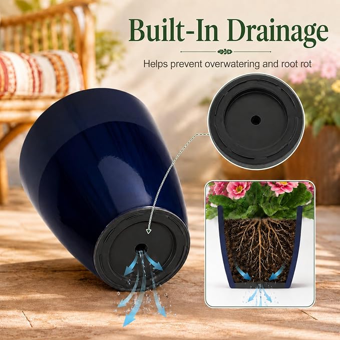 Neoaider Set of 3 Tall Planter, 24/21/12in Large Plastic Planter, Blue | Ceramic-Look, Lightweight, Built-in Drain Hole, Saucers, Tall Outdoor Planter for Porch, Garden, Patio, Balcony