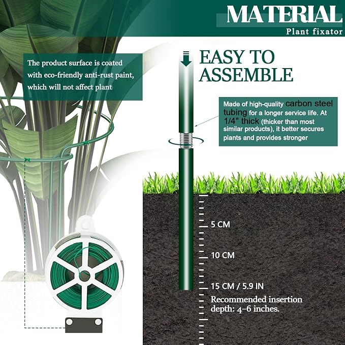 6-Pack 46.3” Plant Support Stakes, Steel Plant Cage & Peony Tomato Hydrangea Cage, Garden Stakes for Outdoor Plants, Heavy-Duty Plant Stakes, 16.7” Support + 29.6” Extension Tubes
