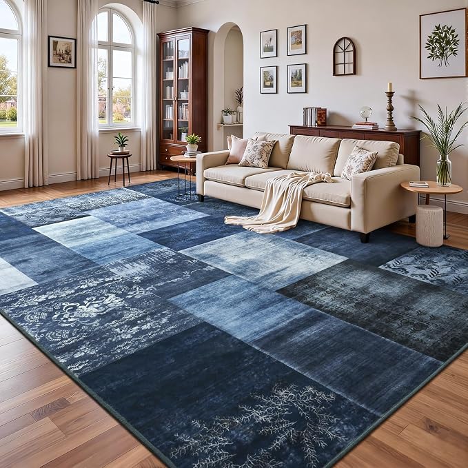Washable Area Rugs 6x9 for Living Room, Large Modern Geometric Navy Blue Soft Patchwork Carpet, Non-Slip Stain Resistant Throw Rug for Bedroom Dining Room Office Home Decor