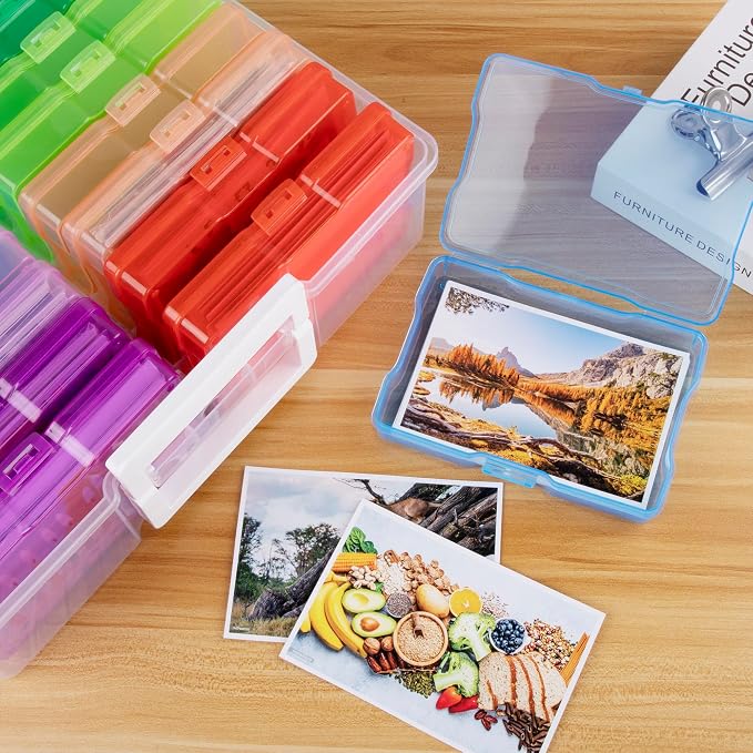 Plastic Clear Photo Storage Box Picture Storage Containers With Handle,16 inner 4×6 inch Photo Cases For Photos,Picture,Greeting Card,Stickers,Seed,Craft Supplies (Colorful)