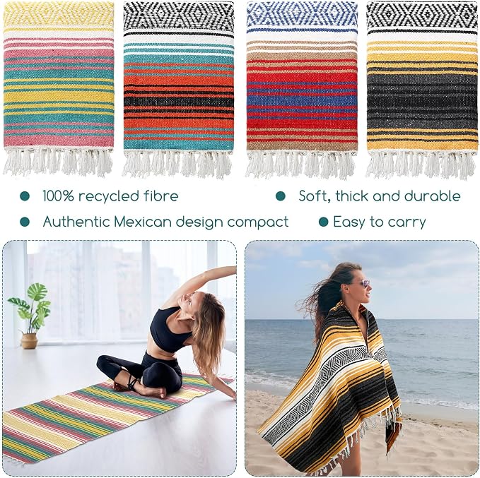 Preboun 4 Pcs Large Mexican Yoga Blanket Pack 45 x 70 Inch Thick Woven Camping Picnic Beach Car Travel Throw Blanket Outdoor Patio Mat Towel