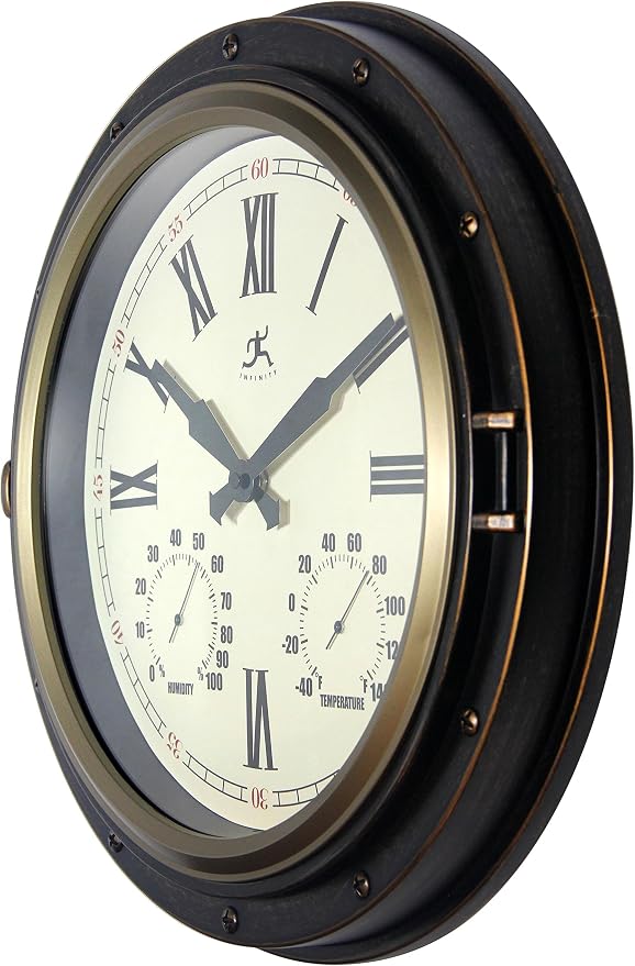 Infinity Instruments Forecaster Indoor/Outdoor Wall Clock, Thermometer, Hygrometer combo, Stylish Durable Waterproof Weather Station for your Home, 16 Inch, Bronze