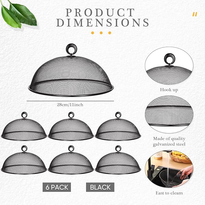 Gerrii 6 Pcs Metal Mesh Food Cover Outdoor Mesh Food Tents Dome Screen Plate Covers for Dinner Plates Reusable Fruit Fly Nets Picnic Umbrella for Table, BBQ, Camping, Party(Black,11 Inch)