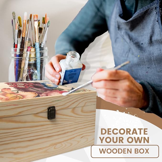 13.8x9.9x6.7-Inch/ 3.33-Gal. X-Large Unfinished Wooden Box for DIY Crafts & Storage with Hinges & Retro Front Clasps - Natural Pine - Smooth Paintable Surface
