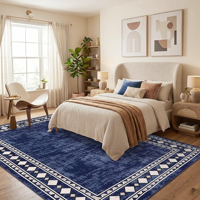 Garvee 5x7 Area Rugs Vintage Border Washable Rugs Living Room, Blue | Boho Area Rug Stain Resistant Easy Cleaning Throw Rugs Non Shedding Low Pile Floor Cover for Nursery Dining Room