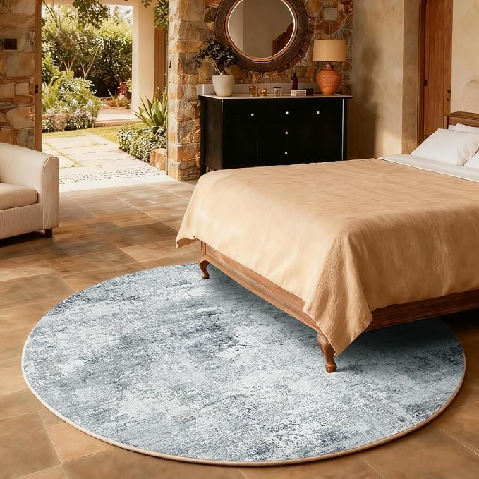 4ft Round Bedroom Rug Washable: Circle Rugs for Living Room Boho Vintage Non Slip Low Pile Soft Faux Wool Non Shedding Small Carpet for Kitchen Entryway Bathroom Bedside Office Dorm Kids Room Entrance