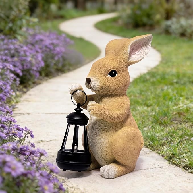 basen Outdoor Bunny Statue with LED Lantern, Battery Powered Resin Rabbit Garden Decor, Weather Resistant Lawn Yard Patio Ornament for Outdoor Indoor Spring Easter Home Decoration