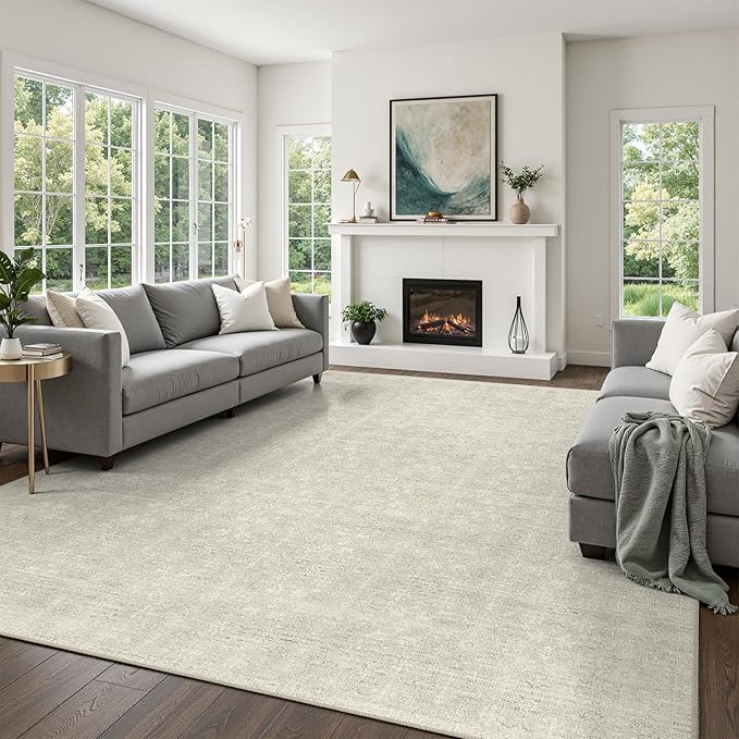 DCX 4x6 Beige Rug, Kid & Pet Friendly with Rubber Back Non Slip, Machine Washable Stain Resistant Neutral Floral Rug for Living Room, Bedroom, Home Office, Soft Low Pile Large Nursery Carpet