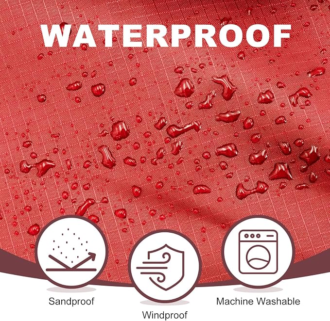 Large Waterproof Outdoor Picnic Blanket 80"x 58" | Windproof Lightweight Stadium Blanket, Packable, Stay Dry and Comfortable for Camping, Sports, Travel - Red Hooded