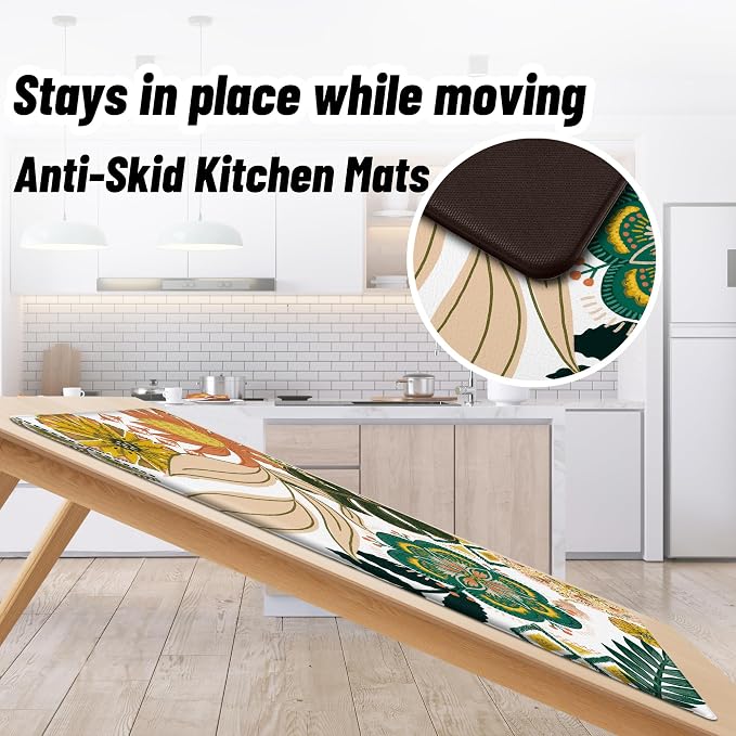 Tyrot Boho Floral Kitchen Rugs Sets of 2 Anti Fatigue Cushioned Long Kitchen Mats for Floor Farmhouse Kitchen Rugs Non Slip Waterproof Mid Century Botanical Comfort Standing Mat for Sink Laundry