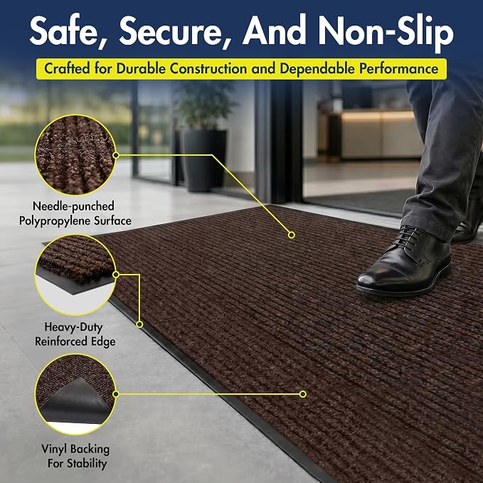 Notrax 109 Industrial Door Mat, 4' x 8' Large Entrance Mat, Heavy Duty Commercial Rugs for Entryway, Welcome Lobbies, Garage, and Mudroom, Made in the USA, Brown, Brush Step 109S0048BR