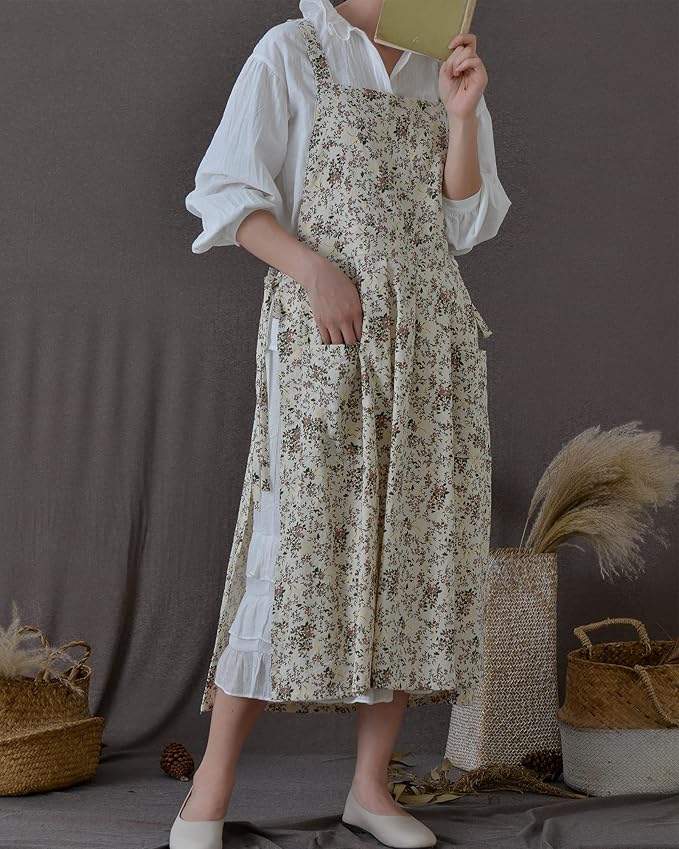 Japanese Cotton Linen Cross Back Apron with Pockets,Fashion Pinafore Dress for Gardening Painting Cleaning Cooking