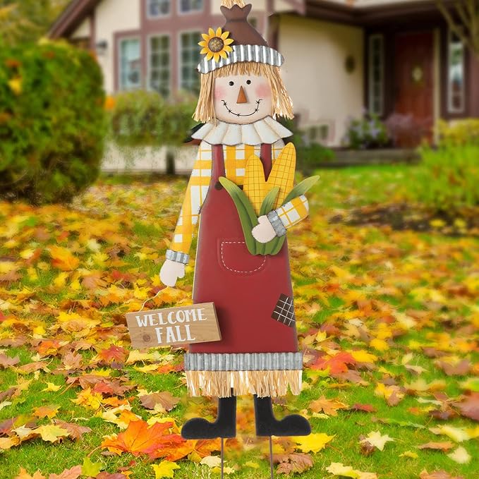 Glitzhome 37.25" H Fall Decorative Yard Signs with Stakes, Metal Scarecrow Garden Yard Stake for Home Lawn Yard Pathway Front Door Fall Harvest Thanksgiving Standing Hanging Decor