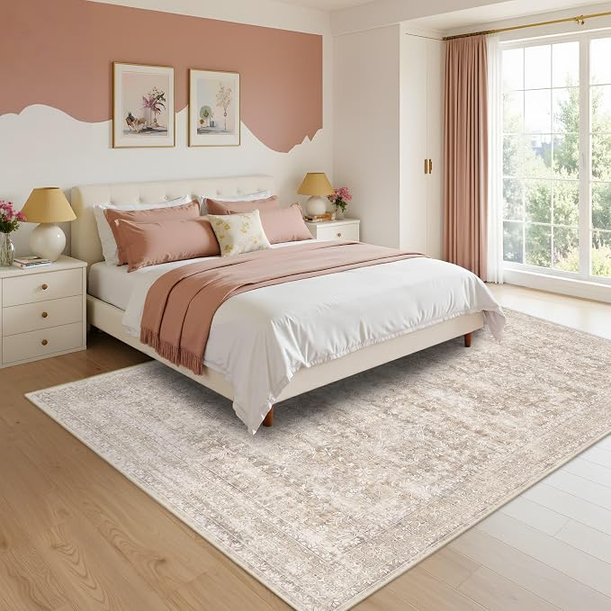 Latte&Fog 6x9 Beige Rugs for Living Room Large Netural Area Rug for Bedroom | for Dining Kitchen Kids Playroom Nursery Classroom Dorm Farmhouse Office, Non Slip Low Pile Soft Floral Vintage Indoor Carpet