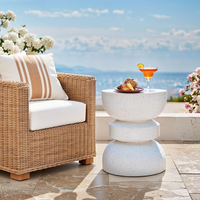 18" Outdoor Side Table, Modern Hourglass Garden Stool in Painted Faux Terrazzo-Look, Patio Coffee Accent Table Decorative, Durable Weatherproof MGO & Easy Assembly Round Table for Room Porch