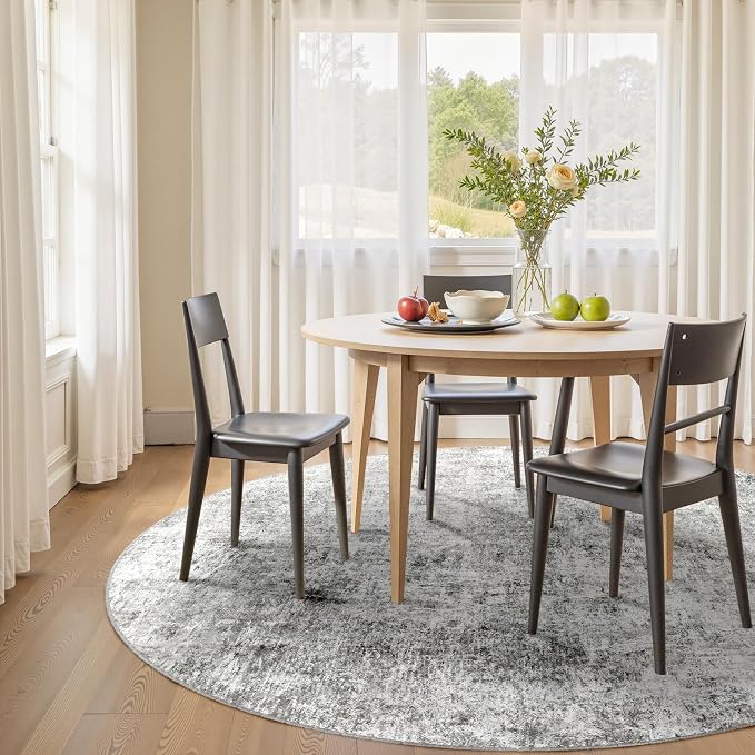 RELEANY Washable Round 6ft Area Rug for Living Room Gray White | Carpet for Bedroom, Kitchen, Office, Hallway and Entryway, Printed Pattern, Non‑Slip, Soft, Stain‑Resistant, Easy to Clean