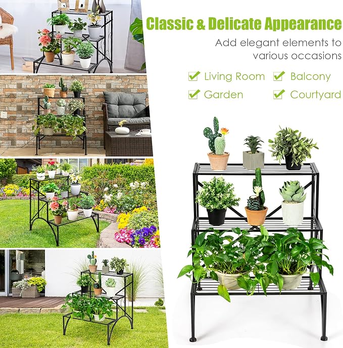 Giantex 3 Tiers Metal Plant Stand, Ladder Flower Pots Outdoor w/ 132 lbs Capacity, Heavy Duty Garden Display Shelf Flower Pot Holder Utility Storage Organizer Rack for Indoor Home Garden Patio Balcony