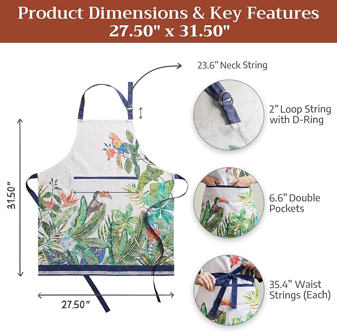 Maison d' Hermine Aprons for women with Pocket 100% Cotton (27.50"x31.50") | Adjustable Neck Strap & long ties Apron Men Chef Wedding Cooking Gardening Server Maid