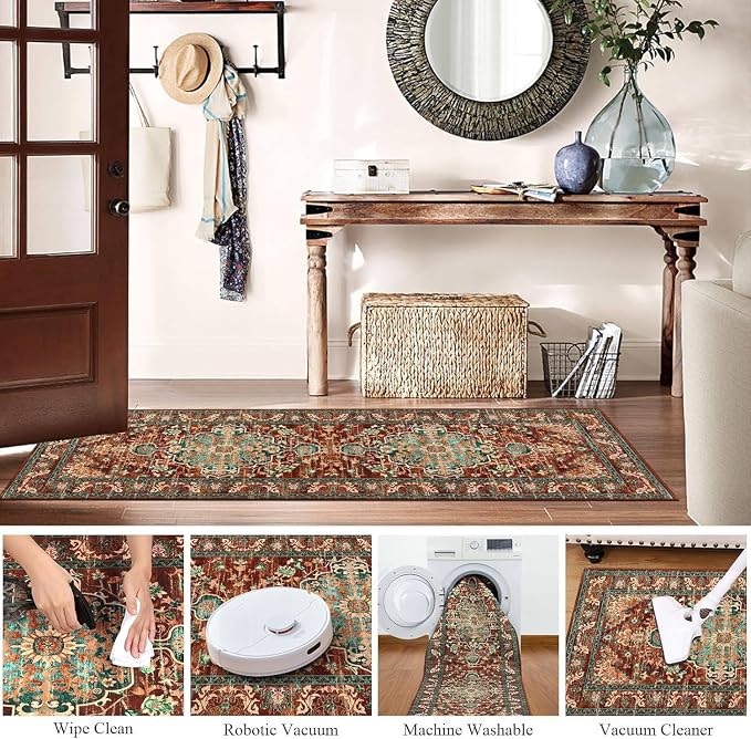 U'Artlines 2' x 6' Boho Hallway Runner Rug, Washable Carpet, Rust＆Teal | Non Slip, Vintage Farmhouse Accent Area Rug Carpet, for Kitchen Entryway Laundry and Living Room