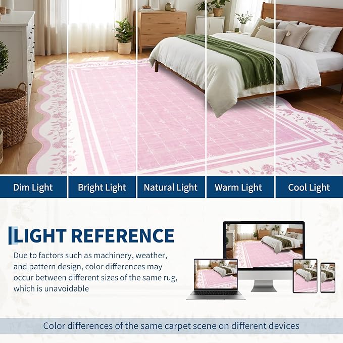 Garvee Washable Rugs for Living Room 8x10 Area Rugs Scalloped Rug Pink | Modern Bordered Non Slip Large Kids Bedroom Carpet Indoor Stain Resistant Floor Cover for Bedroom Dining Room Office Nursery