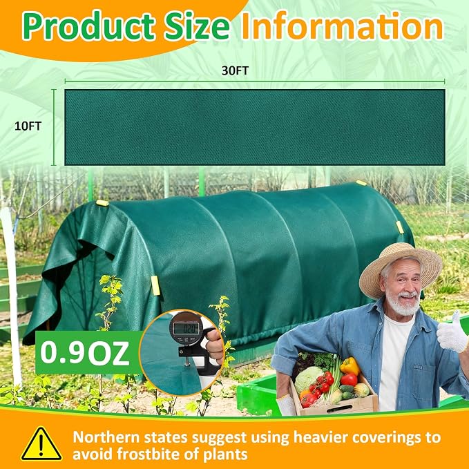 Green Plant Covers Freeze Protection, 10 x 30 ft - 0.9 oz/yd² Frost Cloths for Outdoor Plants, Tree Covers Freeze Protection, Winter Garden Blanket, Sun Cover for Plants for Greenhouse, Vegetables