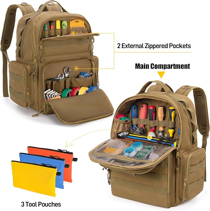 Rexmica Tool Bag Backpack for Men with 3 Tool Pouches, Heavy-Duty Tool Storage Organizer Bag with Padded Shoulder & Waist Support, Tactical Work Tool Bag for Electrician, Repairman, HVAC Techs, Khaki
