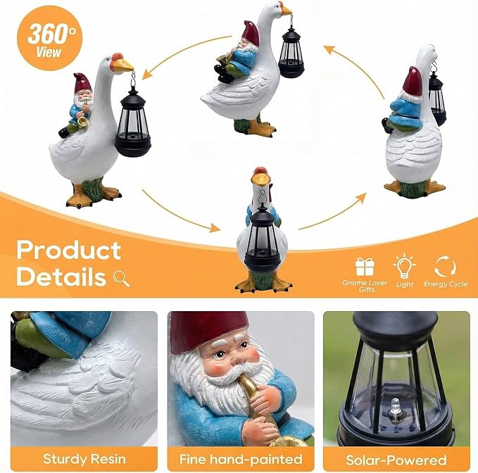 Goose Figurine with Solar Lantern Goose Lamp Decor Gnome Garden Statue Outside Outdoor Yard Housewarming Gifts for Mom Women Grandma