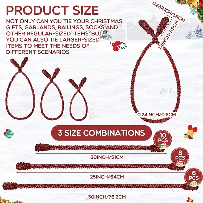 Zhengmy 24 Pcs Christmas Garland Ties Extra Long 30'' 25'' 20'' Burgundy Decorative Twist Tie for Banister Reusable Flexible Twist Tie for Garland Stairway Railing Home Xmas Holiday Decor