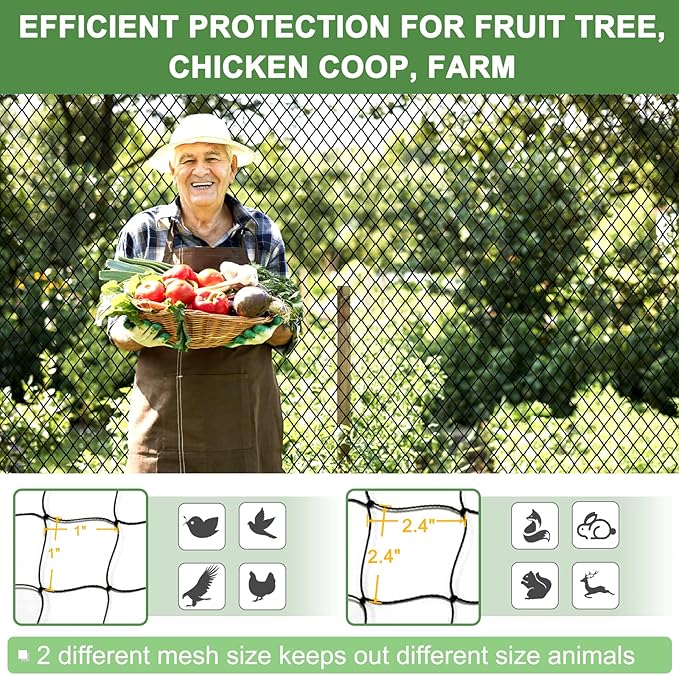 DQS Bird Net - 25' x 50' Garden Netting with 2.4" Square Mesh Protect Fruit Tree, Plant and Vegetables from Poultry, Deer and Pests, Heavy Duty Bird Netting for Garden, Farm, Orchard