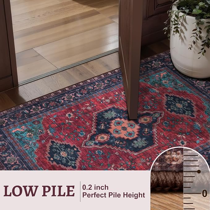 Tangsoo Oriental 3x5 Washable Area Rugs, Vintage Non Slip Accent Rug | Boho Indoor Print Distressed Carpet, Soft Low Pile Rug for Living Room Dining Bedroom Bedside Entryway Burgundy Navy